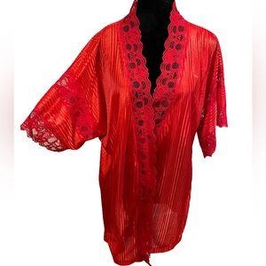 Nite Images Vintage Lipstick Sultry Red Satin Silky Shimmer Striped Lace Robe